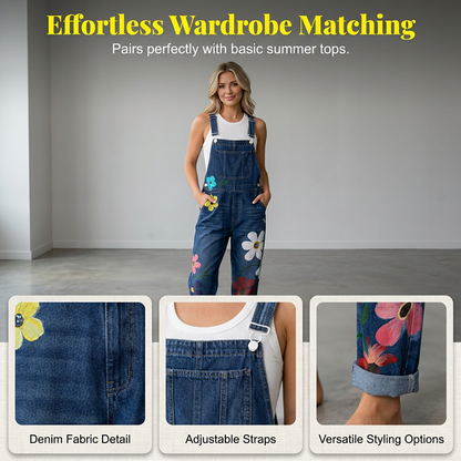 Women's Floral Print Denim Overalls