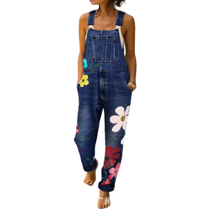 Women's Floral Print Denim Overalls