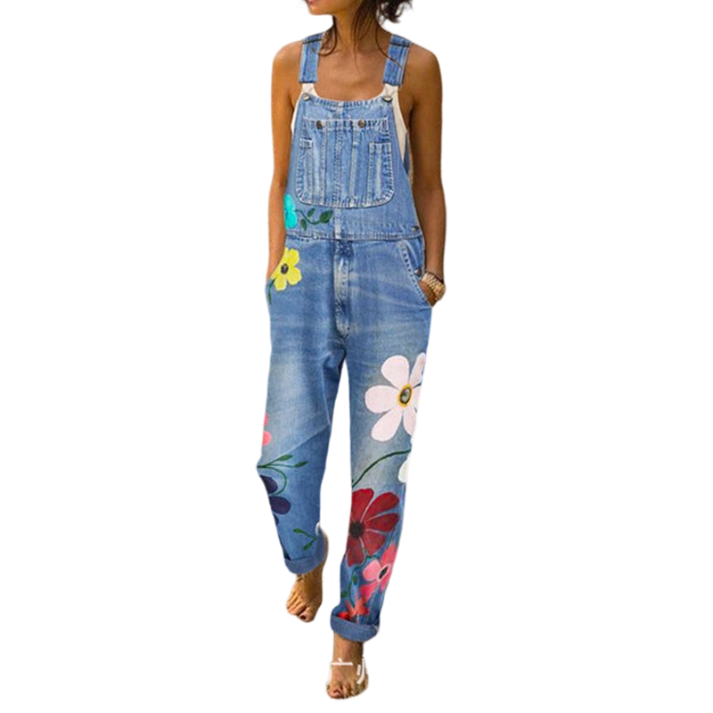 Women's Floral Print Denim Overalls