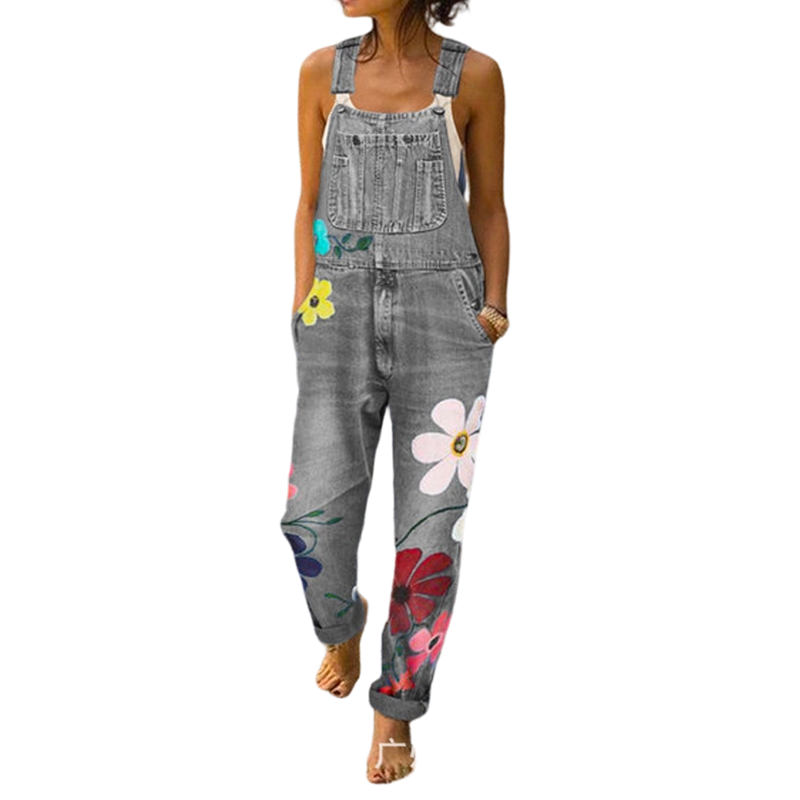 Women's Floral Print Denim Overalls