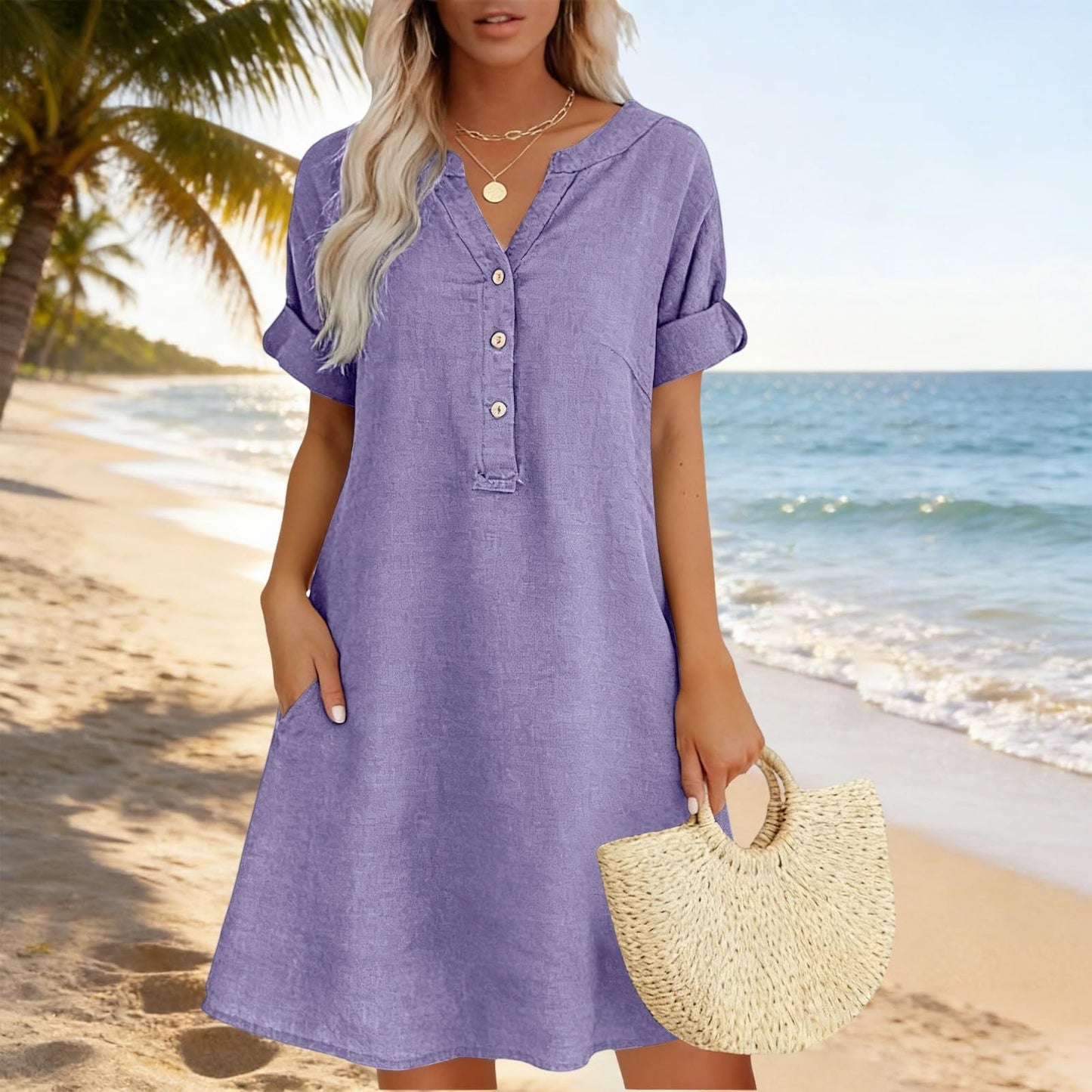 🏖️50% OFF!👗Women's V-Neck Tunic Dress – Relaxed Fit, Pockets & Breathable