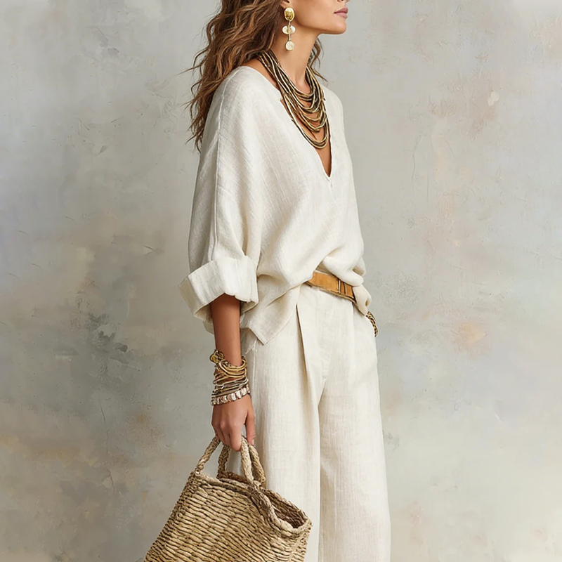 👚 50% OFF NOW! 🍁 Chic Women's V-Neck Top & Wide-Leg Pants Set – One outfit, zero styling stress – Soft, breathable & perfect for work or weekend – effortless elegance 👖