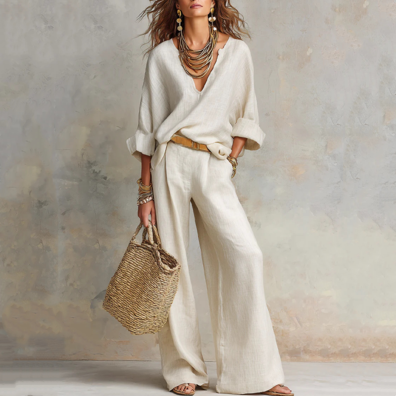 👚 50% OFF NOW! 🍁 Chic Women's V-Neck Top & Wide-Leg Pants Set – One outfit, zero styling stress – Soft, breathable & perfect for work or weekend – effortless elegance 👖
