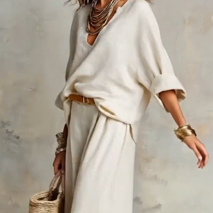 👚 50% OFF NOW! 🍁 Chic Women's V-Neck Top & Wide-Leg Pants Set – One outfit, zero styling stress – Soft, breathable & perfect for work or weekend – effortless elegance 👖