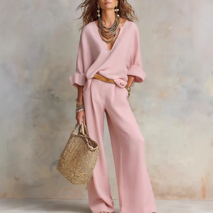 👚 50% OFF NOW! 🍁 Chic Women's V-Neck Top & Wide-Leg Pants Set – One outfit, zero styling stress – Soft, breathable & perfect for work or weekend – effortless elegance 👖