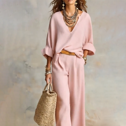 👚 50% OFF NOW! 🍁 Chic Women's V-Neck Top & Wide-Leg Pants Set – One outfit, zero styling stress – Soft, breathable & perfect for work or weekend – effortless elegance 👖