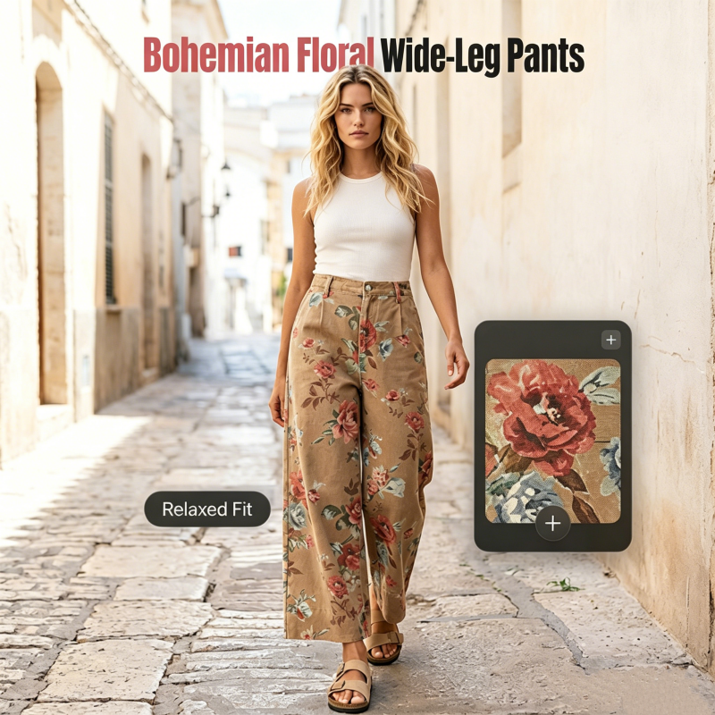 Women's Floral Print Wide-Leg Cropped Jeans