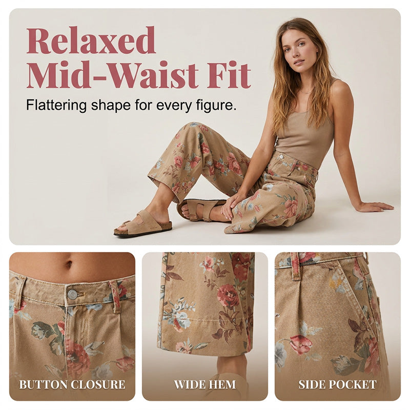 Women's Floral Print Wide-Leg Cropped Jeans