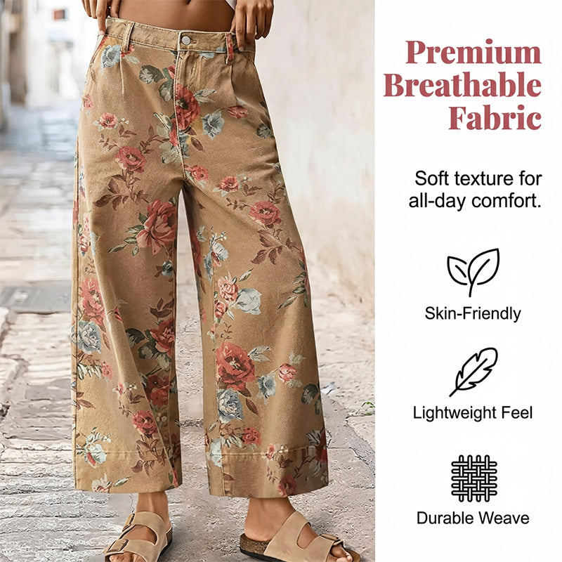 Women's Floral Print Wide-Leg Cropped Jeans