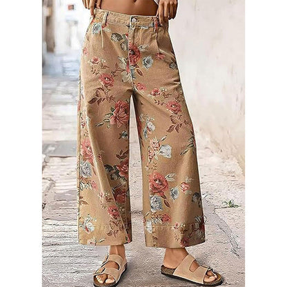 Women's Floral Print Wide-Leg Cropped Jeans