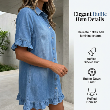 👗Loose Fit Denim Shirt Dress with Ruffles💙 Throw On & Look Instantly Put Together 💙