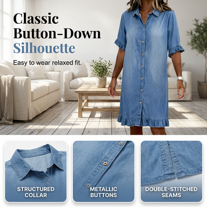 👗Loose Fit Denim Shirt Dress with Ruffles💙 Throw On & Look Instantly Put Together 💙