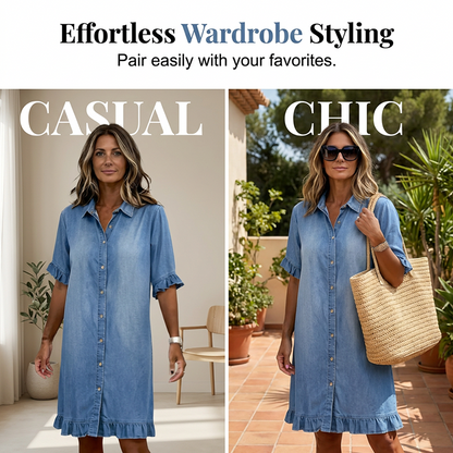 👗Loose Fit Denim Shirt Dress with Ruffles💙 Throw On & Look Instantly Put Together 💙
