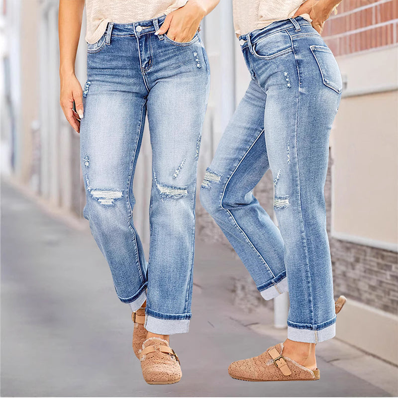 Women's Casual Ripped Straight-Leg Jeans