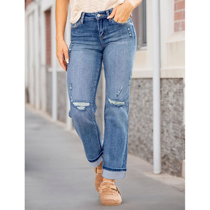 Women's Casual Ripped Straight-Leg Jeans