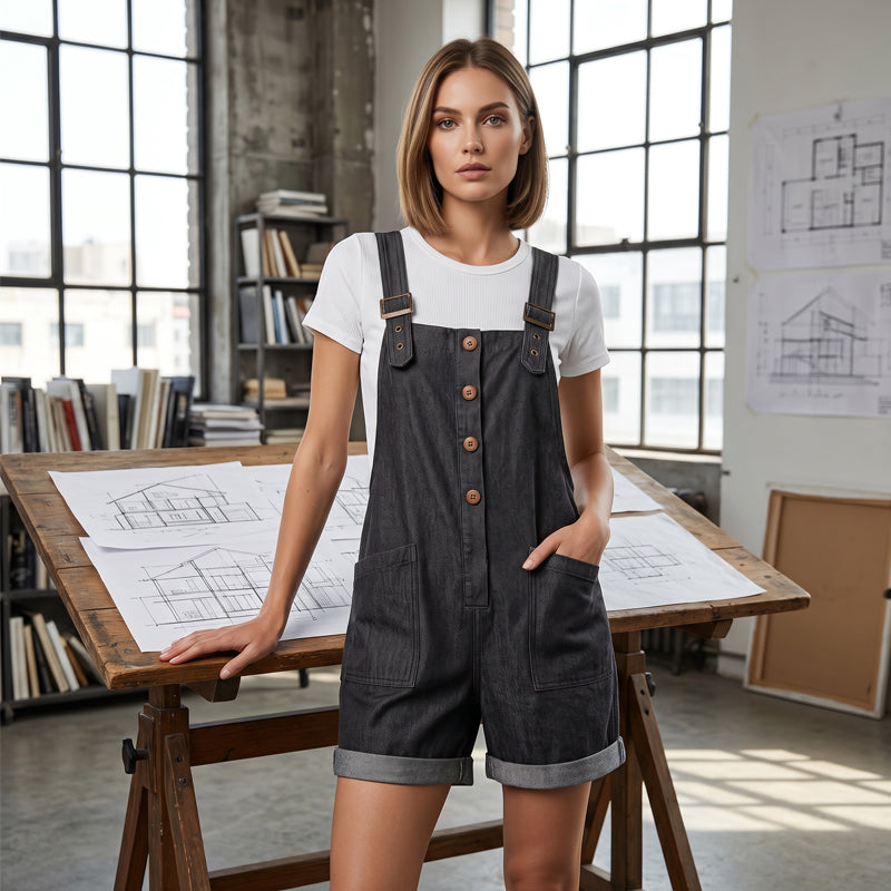 👖 LIMITED-TIME 50% OFF! 🌸 Retro Solid Color Romper with Adjustable Straps – Button-Front, Large Pockets, Relaxed Fit ✨