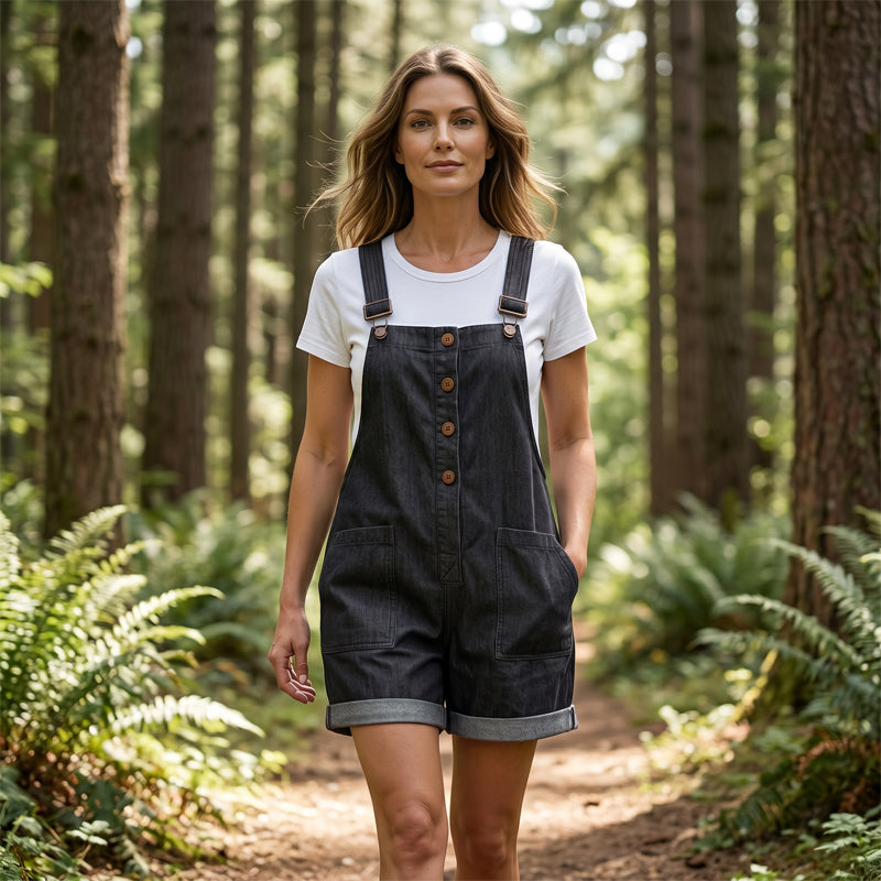 👖 LIMITED-TIME 50% OFF! 🌸 Retro Solid Color Romper with Adjustable Straps – Button-Front, Large Pockets, Relaxed Fit ✨