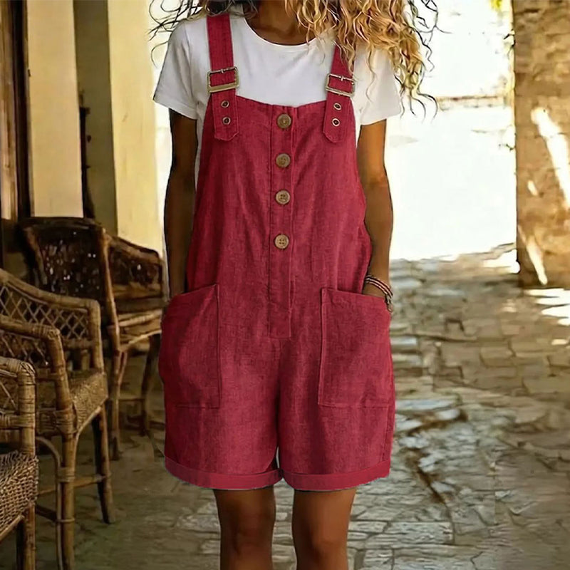 👖 LIMITED-TIME 50% OFF! 🌸 Retro Solid Color Romper with Adjustable Straps – Button-Front, Large Pockets, Relaxed Fit ✨