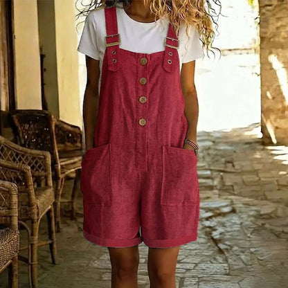 👖 LIMITED-TIME 50% OFF! 🌸 Retro Solid Color Romper with Adjustable Straps – Button-Front, Large Pockets, Relaxed Fit ✨