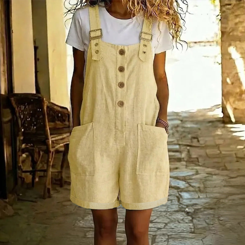 👖 LIMITED-TIME 50% OFF! 🌸 Retro Solid Color Romper with Adjustable Straps – Button-Front, Large Pockets, Relaxed Fit ✨