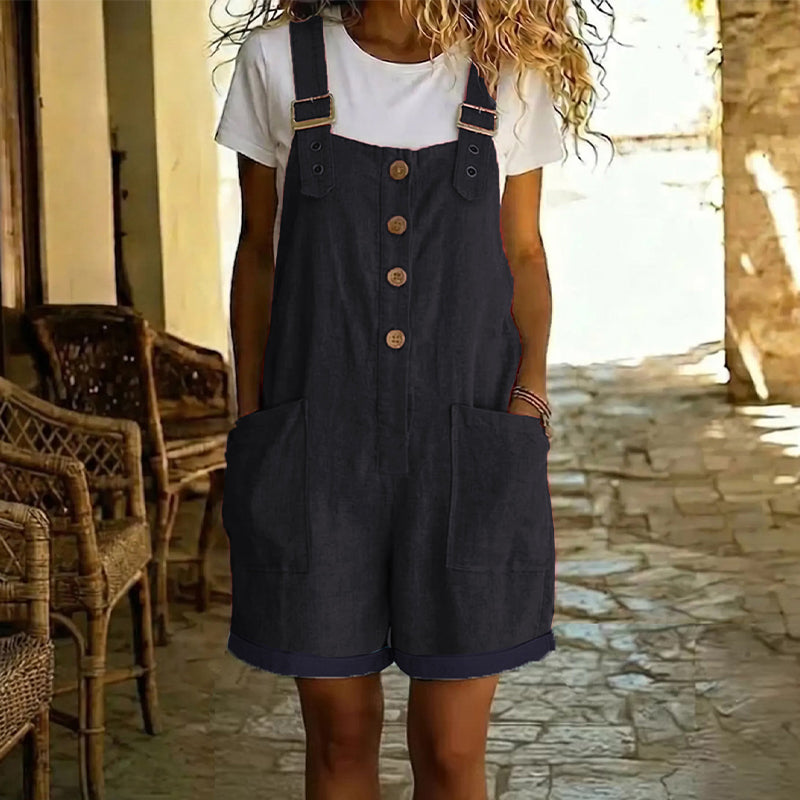 👖 LIMITED-TIME 50% OFF! 🌸 Retro Solid Color Romper with Adjustable Straps – Button-Front, Large Pockets, Relaxed Fit ✨