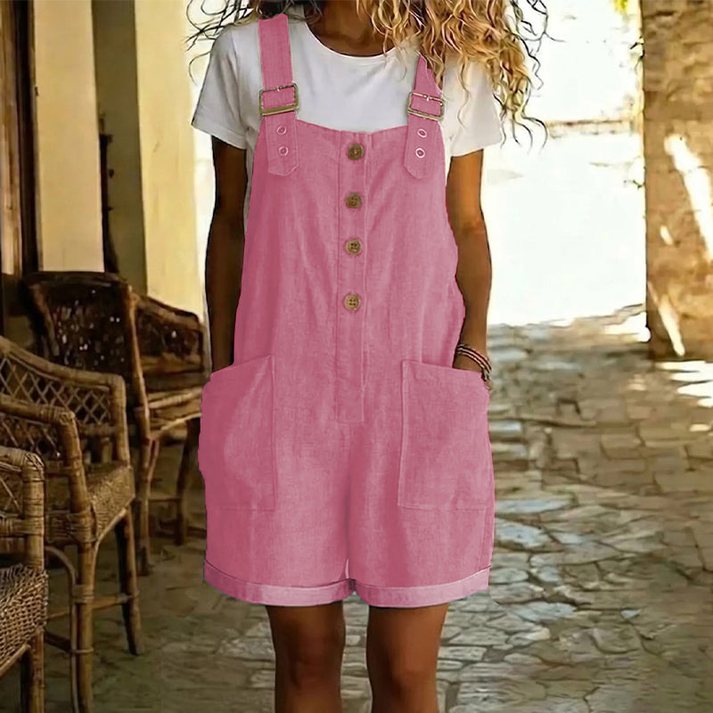👖 LIMITED-TIME 50% OFF! 🌸 Retro Solid Color Romper with Adjustable Straps – Button-Front, Large Pockets, Relaxed Fit ✨