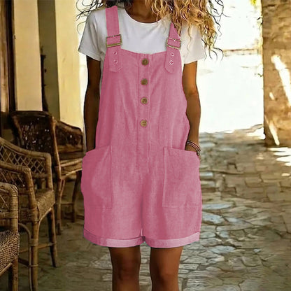 👖 LIMITED-TIME 50% OFF! 🌸 Retro Solid Color Romper with Adjustable Straps – Button-Front, Large Pockets, Relaxed Fit ✨