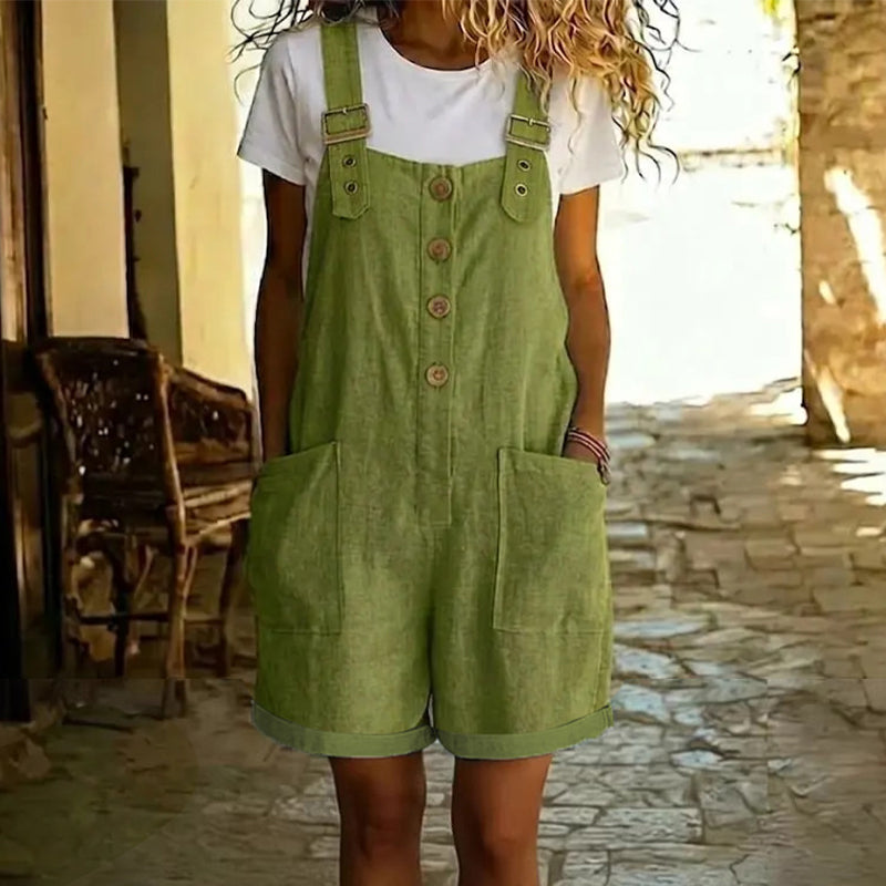 👖 LIMITED-TIME 50% OFF! 🌸 Retro Solid Color Romper with Adjustable Straps – Button-Front, Large Pockets, Relaxed Fit ✨