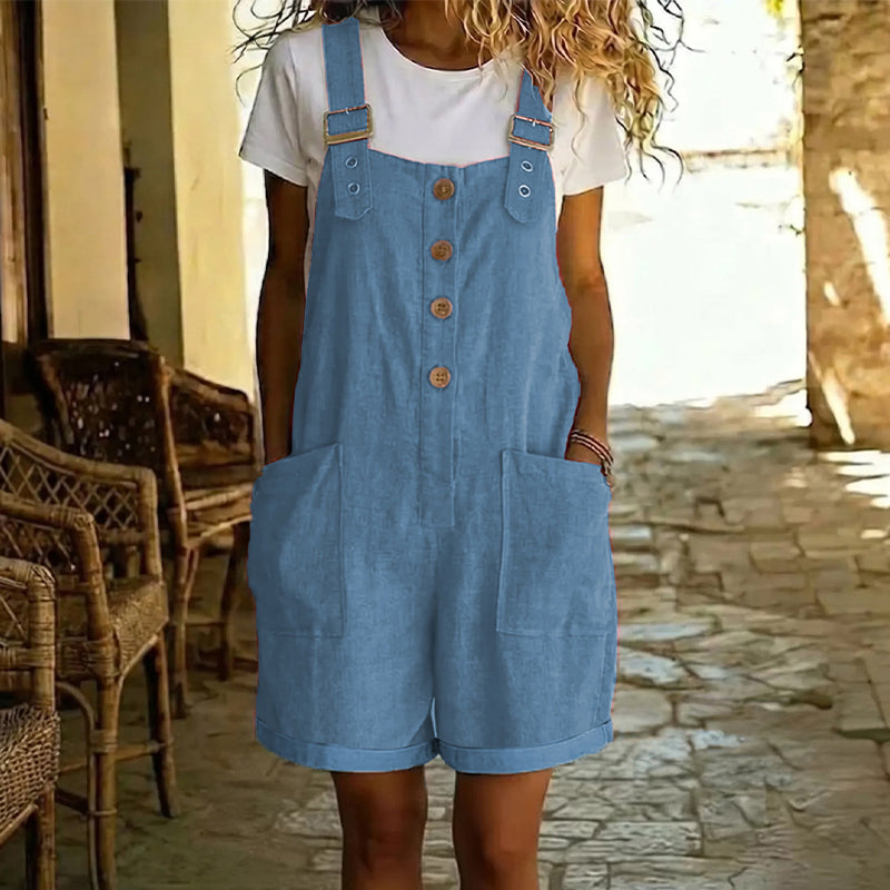 👖 LIMITED-TIME 50% OFF! 🌸 Retro Solid Color Romper with Adjustable Straps – Button-Front, Large Pockets, Relaxed Fit ✨