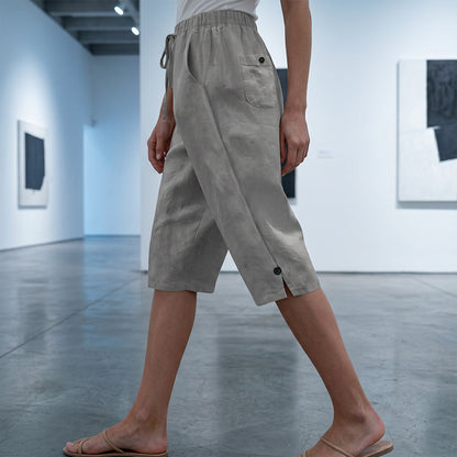 Women's Casual Cropped Pants with Button Detail