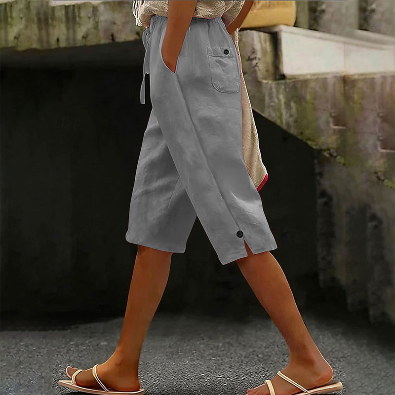 Women's Casual Cropped Pants with Button Detail