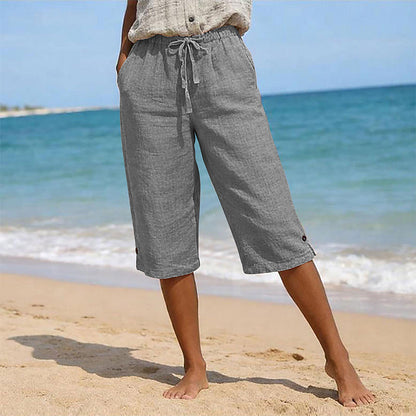 Women's Casual Cropped Pants with Button Detail