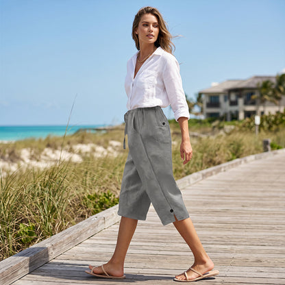 Women's Casual Cropped Pants with Button Detail
