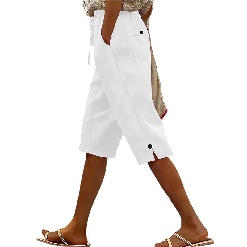 Women's Casual Cropped Pants with Button Detail
