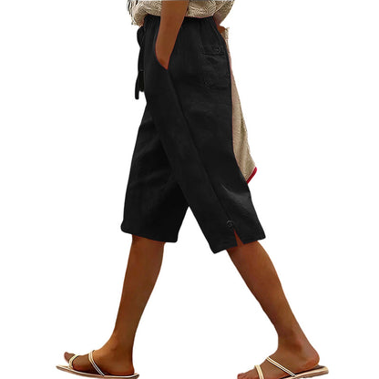Women's Casual Cropped Pants with Button Detail