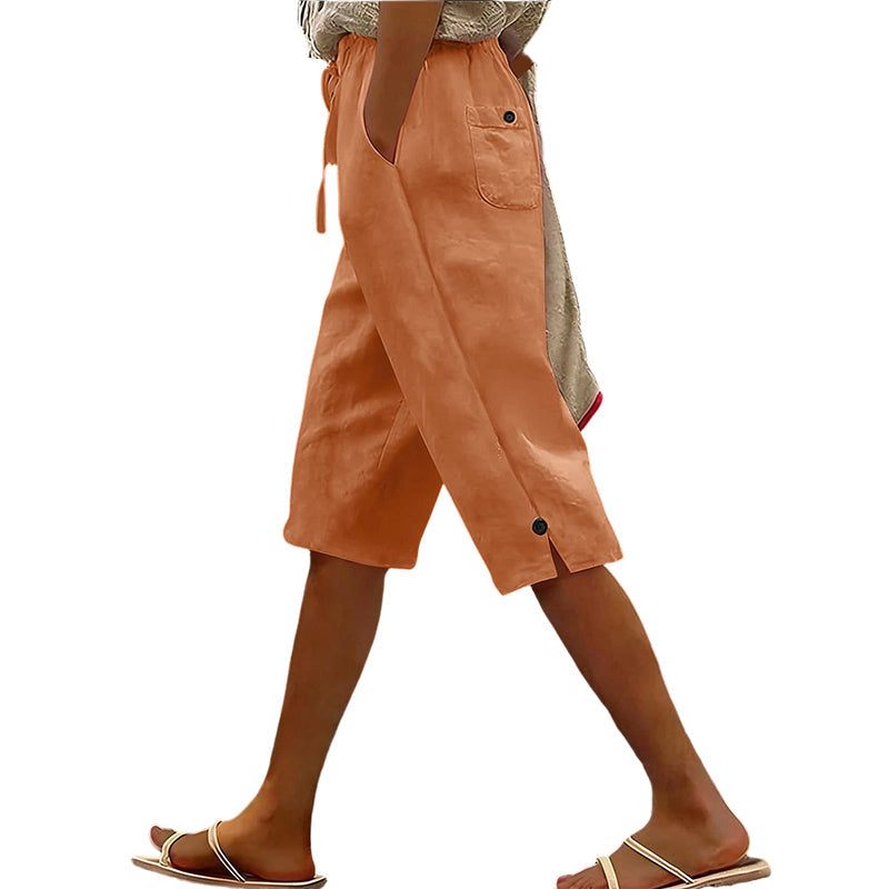 Women's Casual Cropped Pants with Button Detail