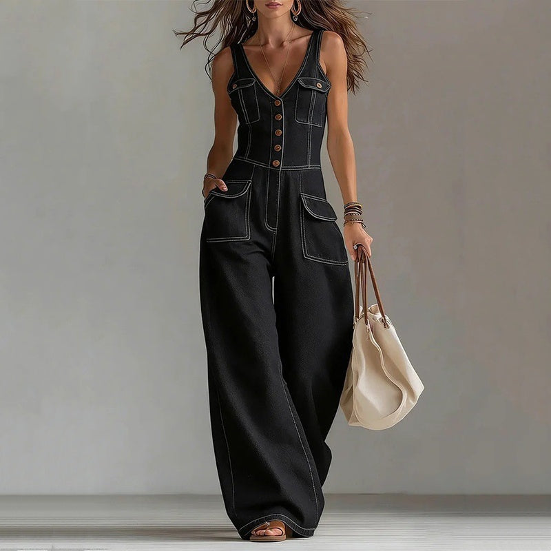 👖 LIMITED-TIME 59% OFF! 💥 Women's Denim Jumpsuit – Button-Front, Wide-Leg✨
