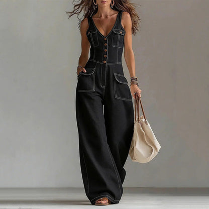 👖 LIMITED-TIME 59% OFF! 💥 Women's Denim Jumpsuit – Button-Front, Wide-Leg✨