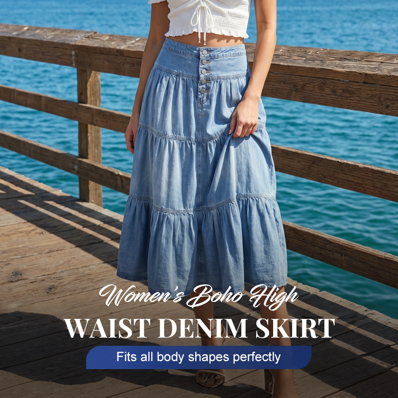 👗 Denim Maxi Skirt – High Waist, Tiered, A-Line, Button Front ✨