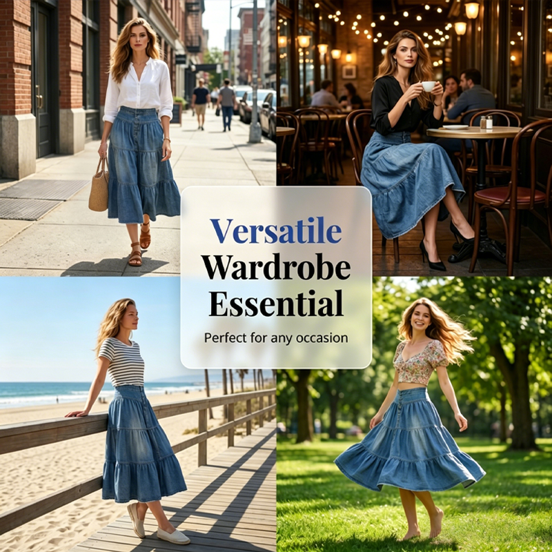 👗 Denim Maxi Skirt – High Waist, Tiered, A-Line, Button Front ✨