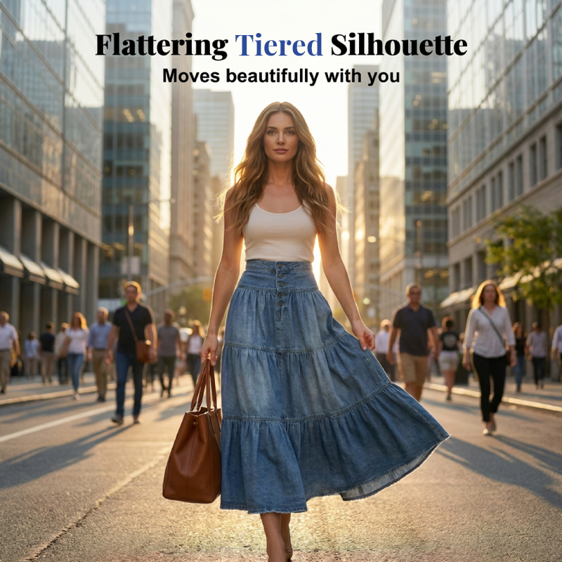 👗 Denim Maxi Skirt – High Waist, Tiered, A-Line, Button Front ✨