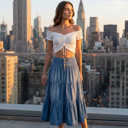 👗 Denim Maxi Skirt – High Waist, Tiered, A-Line, Button Front ✨