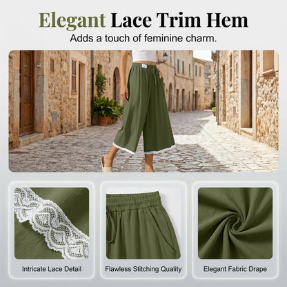 Women's Lace Trim Wide-Leg Capri Pants