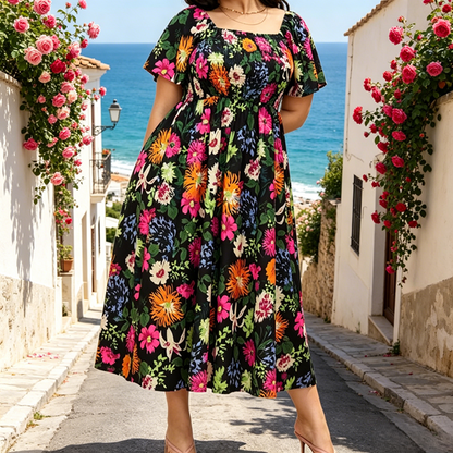 🏖️Summer Hot Sale 50% OFF🏝️👗Floral Smocked Square Neck Midi Dress with Pockets💃