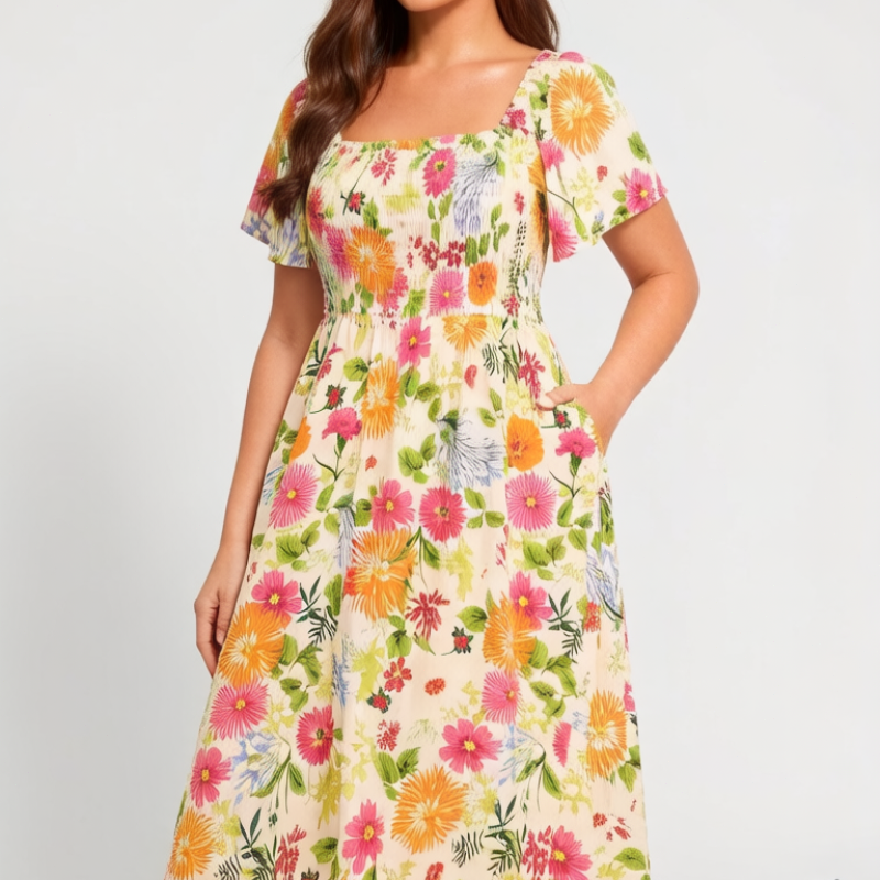 🏖️Summer Hot Sale 50% OFF🏝️👗Floral Smocked Square Neck Midi Dress with Pockets💃