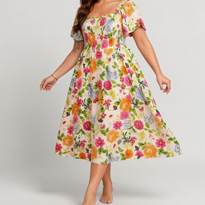 🏖️Summer Hot Sale 50% OFF🏝️👗Floral Smocked Square Neck Midi Dress with Pockets💃