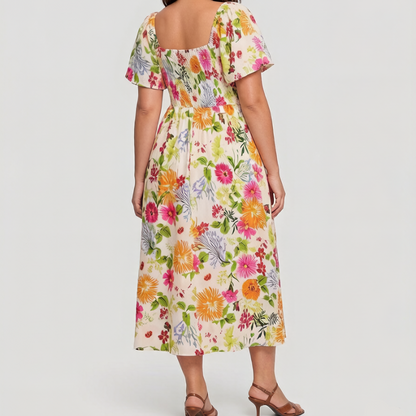 🏖️Summer Hot Sale 50% OFF🏝️👗Floral Smocked Square Neck Midi Dress with Pockets💃
