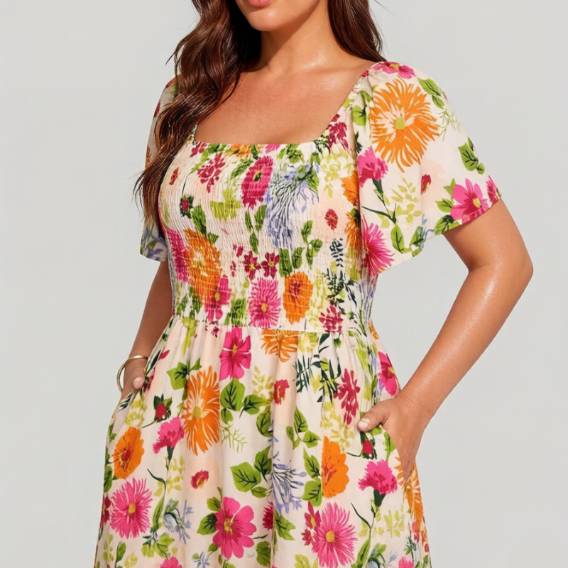 🏖️Summer Hot Sale 50% OFF🏝️👗Floral Smocked Square Neck Midi Dress with Pockets💃