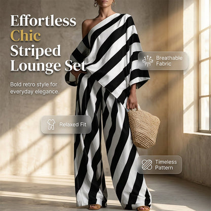 💃 LIMITED-TIME 50% OFF! ✨ Women's Asymmetrical Stripe Set – One-Shoulder, Wide-Leg, Breezy 🍂