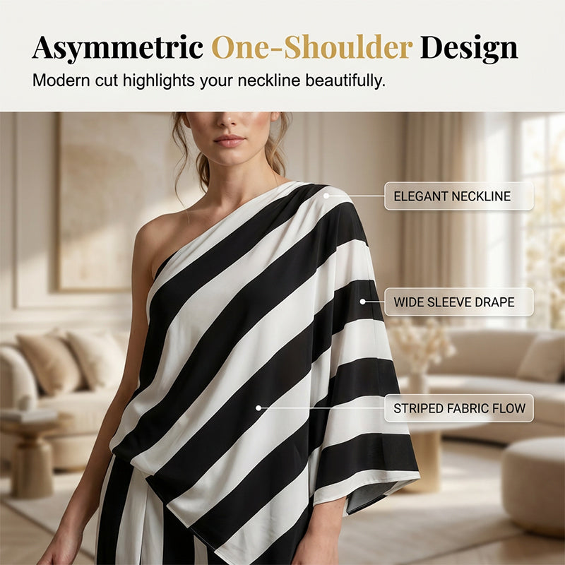 💃 LIMITED-TIME 50% OFF! ✨ Women's Asymmetrical Stripe Set – One-Shoulder, Wide-Leg, Breezy 🍂